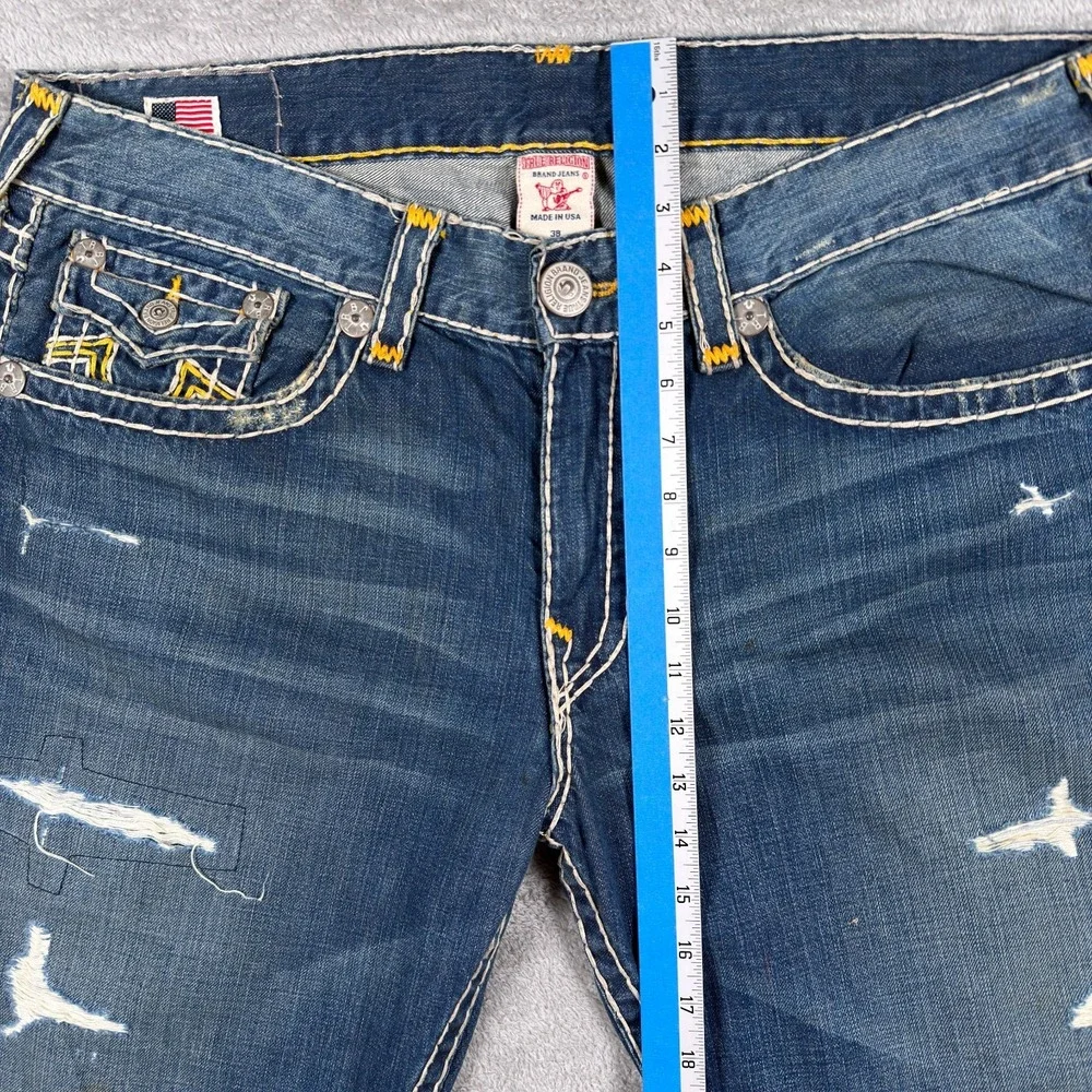 True Religion Jeans Mens 38x34 Ricky Super T Straight Leg Blue Distressed Denim